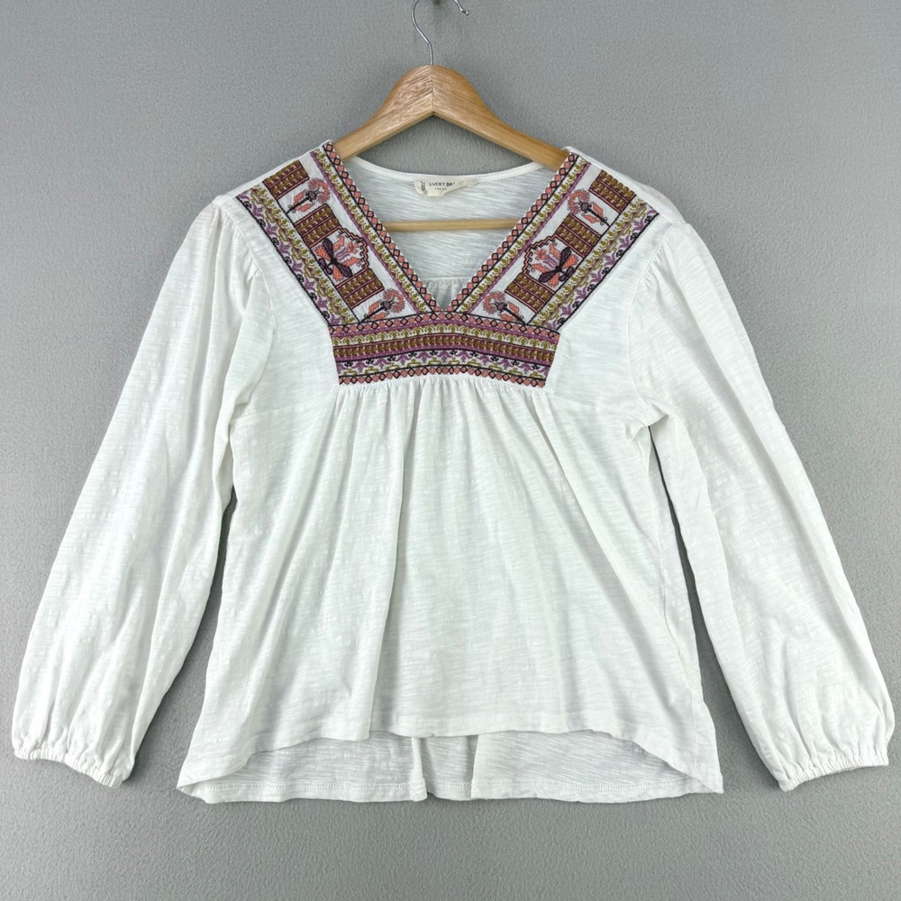 Lucky Brand Embroidered V-Neck Blouse Women XS White Boho Peasant Cotton